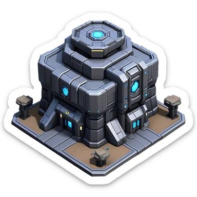 StarCraft-inspired, isometric RTS building with a rugged Terran look: thick metal plating, rivets, subtle wear, and a gunmetal palette plus one accent color. Add minimal glowing panels for a high-tech feel. Keep it compact—like a forward outpost—and show it from a clean isometric angle, emphasizing an industrial sci-fi style and clear silhouette. sticker