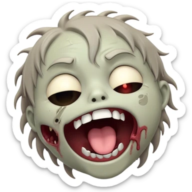 Cinematic Cute Yawning Zombie Portrait Emoji, with a delightfully quirky, slightly disheveled face in muted ashen tones, head tilted back in a big, funny yawn that reveals quirky stitches and playful gaps, simplified yet irresistibly charming, highly detailed with a soft, eerie glowing outline capturing the sleepy, offbeat vibe of a zombie taking a nap! sticker