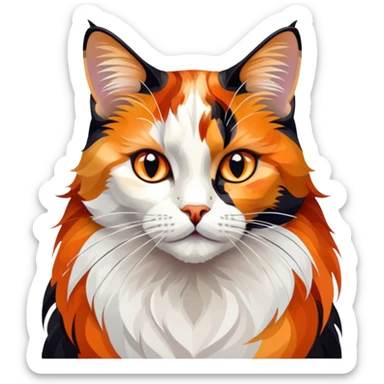 cinematic-noble-calico-cat-portrait-emoji,-poised-and-regal,-with-a-striking-patchwork-fur-in-vibrant-orange,-black,-and-white-hues premoninantly black,-delicate-whiskers-and-a-refined,-relaxed-gaze,-simplified-yet-exquisitely-detailed,-glowing sticker
