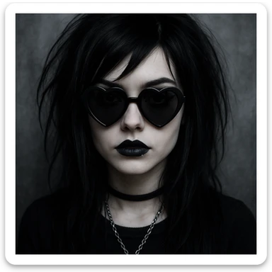 emo girl with heart-shaped sunglasses, dark hair, mysterious vibe sticker