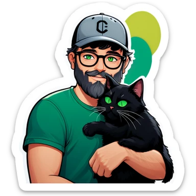 A bold man with a grey baseball cap, green eyes, big beard and glasses hugging a black cat sticker