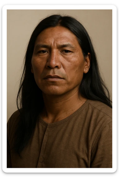 Native Indigenous man with long black hair and brown skin, looking forward, natural features, soft lighting, no background details sticker