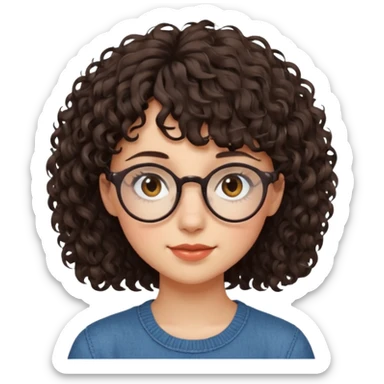 Koyu renk, dağınık kıvırcık saçlı, kısa kahküllü, yuvarlak gözlüklü ve büyük kahverengi gözlü bir genç kadının yüzünü gösteren emoji tarzı illüstrasyon. Hafif bir gülümseme veya tatlı bir sırıtış ifadesi var. Cilt tonu açık. sticker