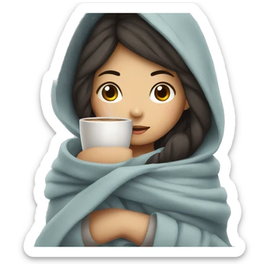 Asian girl wrapped in cozy blanket drinking coffee sticker