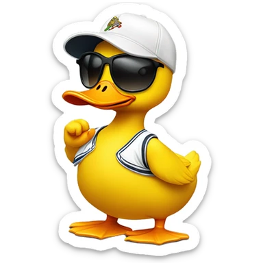 A really cool yellow duck wearing sunglasses and a backwards baseball cap and cool shoes giving finger guns sticker