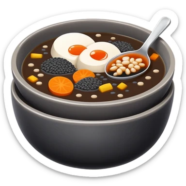 Black sesame soup sweet dessert in bowl, simplified emoji style with bold outlines and bright colors, cartoon style Zhi Ma Hu traditional Chinese treat sticker