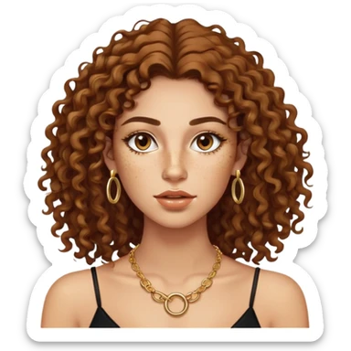 Attractive Greek woman with freckles, long curly hair, gold hoop earrings, small necklace, and lip liner on her lips sticker