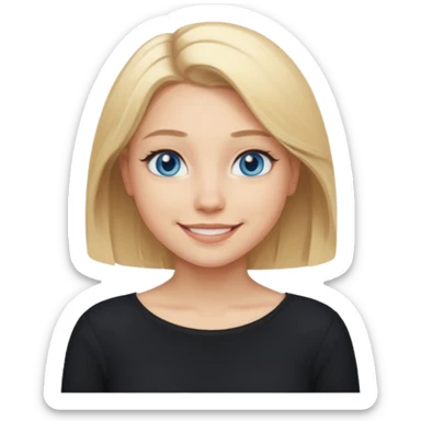 a new character a girl with shoulder length blonde hair wearing black clothes and wearing a cheeky smile she has blue eyes sticker
