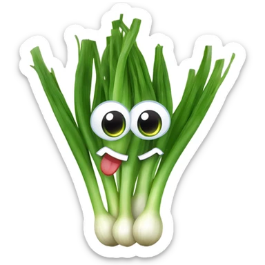 Cheerful green onion with big expressive eyes, a wide smile, and a few green stalks on top. Designed in a cute, cartoonish style with vibrant colors. sticker