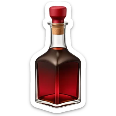 balsamic vinegar bottle, elegant glass, dark brown to ruby, round or square base, slender neck, cork or metallic cap, dark glass, reflections, 3D clean style, transparent background, optimized for emoji size sticker