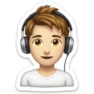Teenager with brown hairs. Hearing music by headphones. White pullover sticker