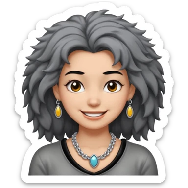 Female with very big Silver Necklace, grey skin,Black full fuzzy hair, more bright silver,highlight necklace, different expressions. sticker