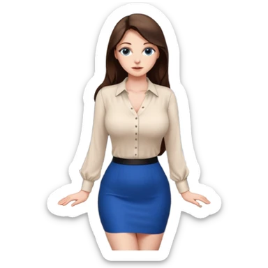 sexy woman brunette, very large breasts, pale skin, blue eyes, long brown hair, tight white blouse, short black skirt. office.  sticker