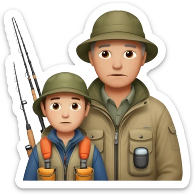 Father and son in fishing gear gesturing that they are cold sticker