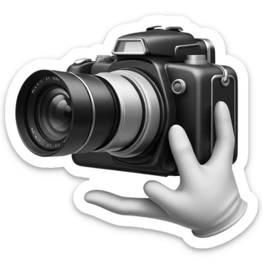 Minimalist emoji-style sticker of a photo camera ejecting a photo, but a hand comes out instead. Black and white, surreal icon.
 sticker