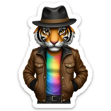 A tiger wearing a leather jacket and fedora with rainbow pajama pants and Black Lives Matter on his wrist as a tattoo sticker