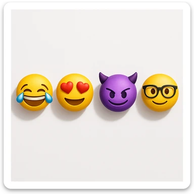 make four emojis on white background with good amount of shadow, four emojis of smiley's only. one laughing, second heart eyes, third purple devil and four black glasses emojis  sticker