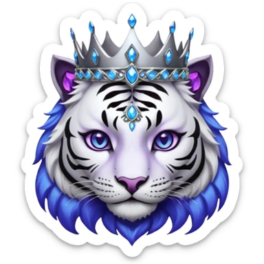 ESO Female white/black tiger khajiit leader of the umbral rose, glowing blue eyes, glowing blue 'third eye' gem; silver crown/tiara with purple gems  sticker