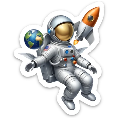 An icon featuring a rocket, a satellite, and an astronaut helmet, symbolizing aerospace technology. The design includes spacecraft, wings, and a planet, representing the exploration of space and aviation advancements. Transparent background. sticker