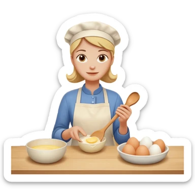 A carton of eggs, butter and a cream ceramic baking bowl with a wooden spoon in it sticker