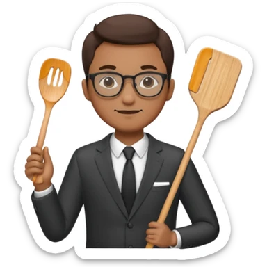 man with glasses wearing a suit and holding a spatula sticker