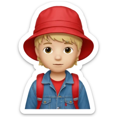 A little boy student, blonde hair, with red bucket hat, jean jacket, backpack sticker