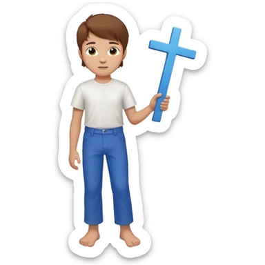 Niño con cabello castaño pantalón azul camisa blanca con una cruz pequeña en la mano descalzo sin zapatos  sticker