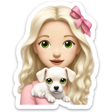 pale blond yt girl with wavy long platinum white hair with bright green eyes holding a white chihuahua puppy that wearing a pink bow sticker