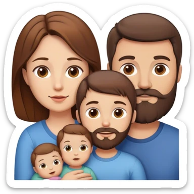 Famille 4 personne 1 petit garçon  aîné cheveux châtain 1 bébé fille châtain  1 père brun barbu  1 mère brune  sticker
