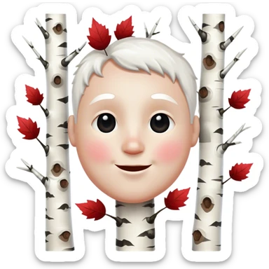 happy big white head made of birch tree with lack marks and red leaves sticker