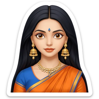 generate a pretty bratz Deepika Padukone with long black hair middle parted.
Wearing an orange saree with a blue blouse, golden jhumkas
 sticker