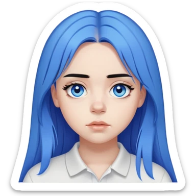 billie eilish long black hair blue eyes dark eyeliner makeup, wearing white polo shirt sticker