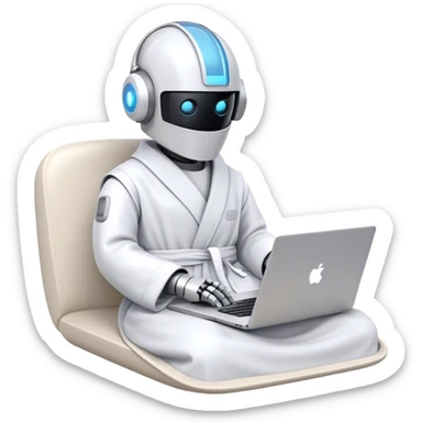Emoji of a remote-working robot in a cozy smooth bathrobe with a laptop. The robot has a sleek helmet-like head with LED digital eyes. Relaxed yet high-tech vibe. sticker