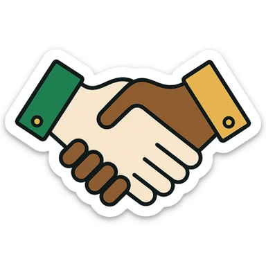 Edit the image to depict one Caucasian hand and one African American hand shaking with thinner black outlining. Use a professional style with a green, white, and gold color scheme. The design should be minimalistic with clean lines, with no background. sticker