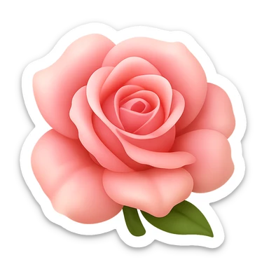 Create a 3D illustration of a delicate pink rose with volumetric petals in the style of iOS Apple emoji, on a transparent square background. The style should reflect the look and feel of Apple emojis with soft shading and smooth 3D volume. sticker
