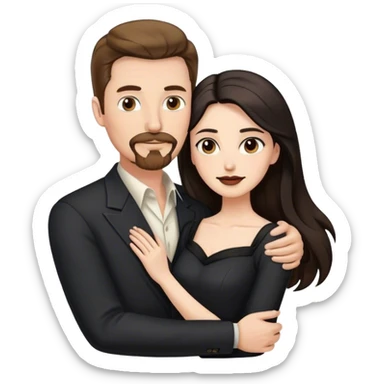 tall white man with brown hair goatee mustache embracing a pale woman with long black hair, wearing elegant clothing sticker