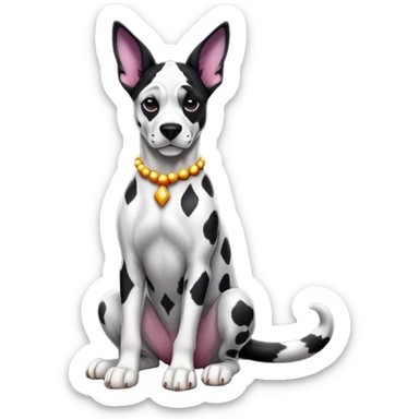 cinematic-[harlequin dane]-realistic-full-body-sitting-emoji,-tail-resting-loosely-beside-its-paws,-head-tilted-dramatically, ears drooped, -sleek-[black and white]-fur,-simplified-yet-realistic-focused-features,-highly-detailed,-glowing-with-an-almost-sarcastic-glow sticker