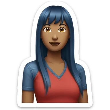 woman with long straight hair and bangs with red shirt and blue jeans standing  sticker