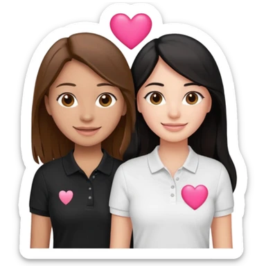 Dos mujeres juntas que una sea de color trigueña cabello castaño con una raya en medio polo blanco y de color blanca cabello largo negro polo negro,    y tengan un corazon rosado arriba sticker