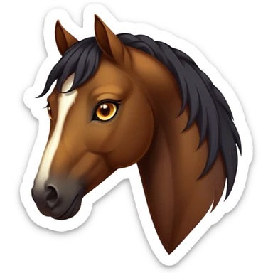 Cinematic Noble Bay Horse Portrait Emoji, Poised and regal, with a strong, athletic build and a rich, well-groomed bay fur accented by a dark mane and tail, deep-set soulful amber eyes, Simplified yet sharp and sophisticated features, highly detailed, glowing with a warm, dignified glow, high shine, intelligent and majestic, stylized with an air of equine elegance, focused and attentive, soft glowing outline, capturing the essence of a watchful and confident steed, so majestic it feels as though it could gallop out of the screen with effortless authority! sticker