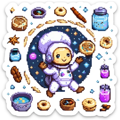 An interstellar baker crafting cookies in zero gravity, using stardust and planetary spices. The kitchen orbits a nebula, with floating tools and anti-gravity dough. UI features galactic swirls, shimmering constellations, and planetary icons. sticker