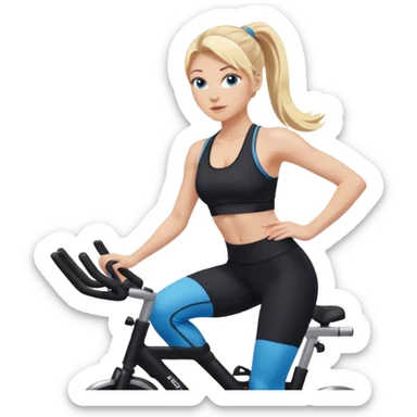 White girl blue eyes blonde hair in long pony tail instructing spin class in black sports bra and leggings  sticker