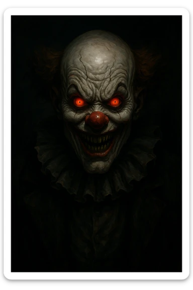killer clown with glowing red eyes, exaggerated features, shadowy background, terrifying expression sticker