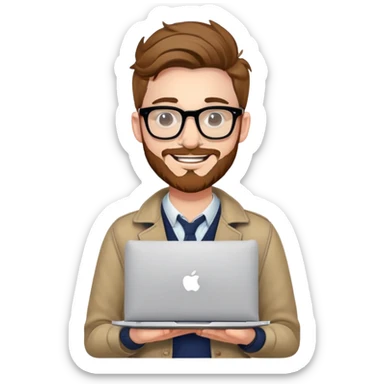 smiling college stylish British  hipster man with MacBook with glasses sticker