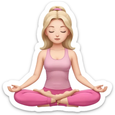 caucasian woman in lotus position meditating, eyes gently closed with peaceful expression, pink yoga pants and top sticker
