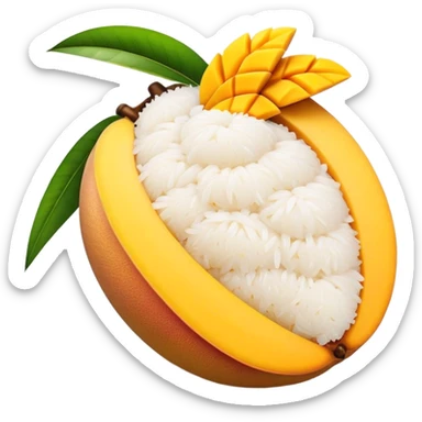 Cinematic Realistic Mango Sticky Rice Dessert Emoji, showcasing sweet sticky rice paired with ripe mango slices and coconut milk rendered with lifelike detail and warm, inviting lighting. sticker