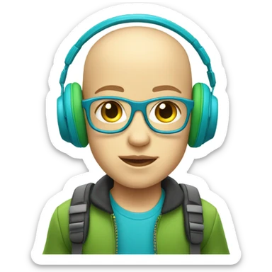 bald child with big blue and green headphones with slighlyn yellow skin sticker