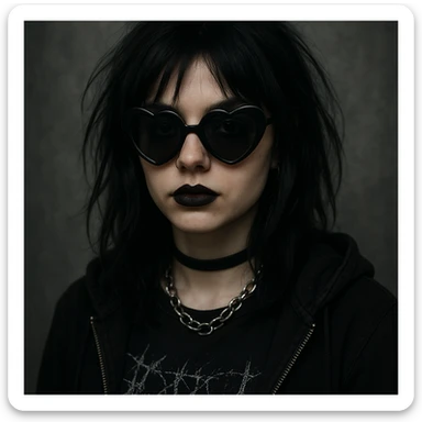 emo girl with heart-shaped sunglasses, dark hair, mysterious vibe sticker