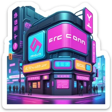 Cyberpunk street corner with neon blinking signage and holographic advertisements sticker
