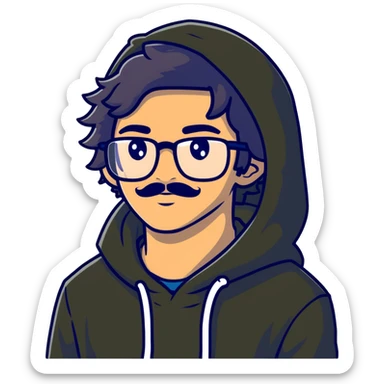 Malay teenager with fluffy hair, long face, light mustache, glasses, and a black hoodie sticker